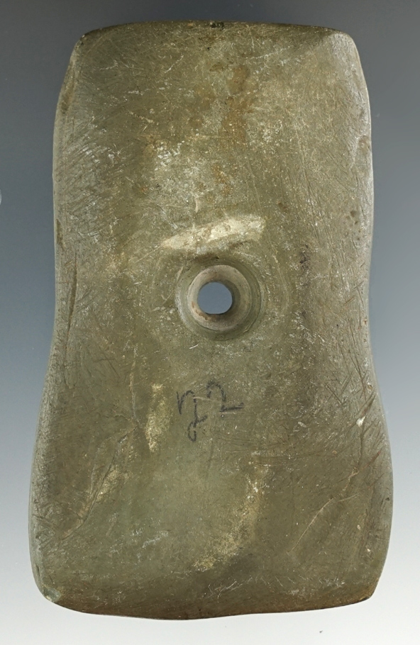 3 5/16" Adena Bell Pendant made from green Banded Slate, found in Ashland Co., Ohio.