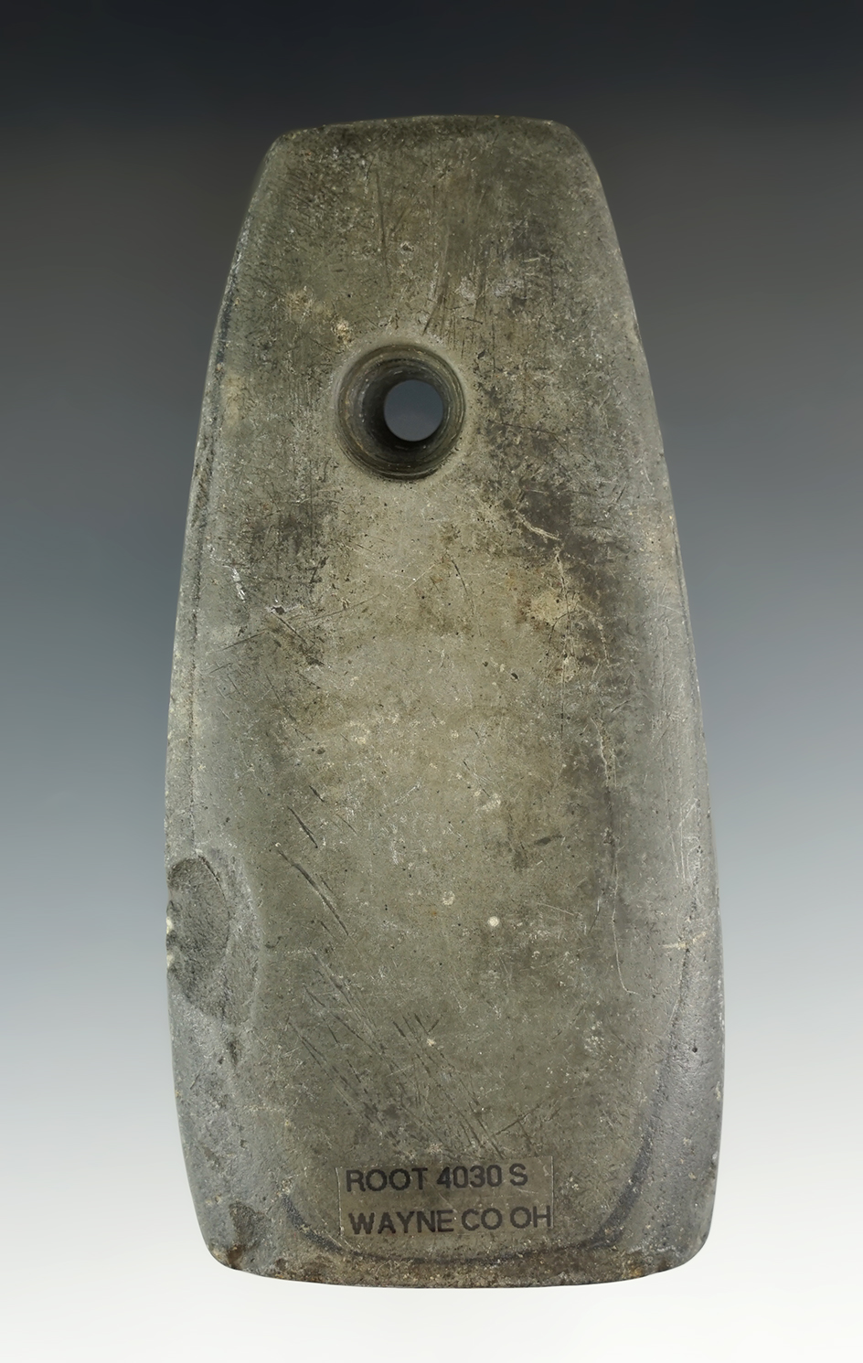 4 1/4" Trapezoidal Pendant made from green and black Banded Slate, found in Wayne Co., Ohio.