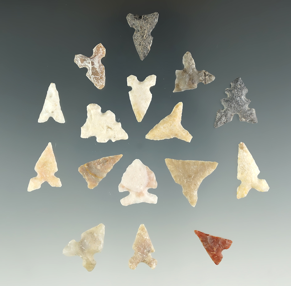Set of 16 assorted Texas arrowheads, largest is 3/4".