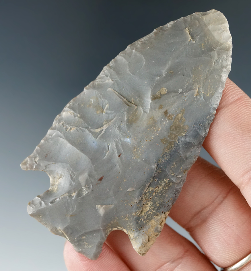 2 3/4" well flaked and nicely styled Hornstone Cornernotch knife found in Western Kentucky.