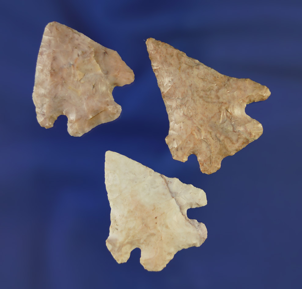 Set of three Flint Ridge Flint Ohio Pentagonal points, largest is 1 5/8" found in Lorain Co.,  Ohio.