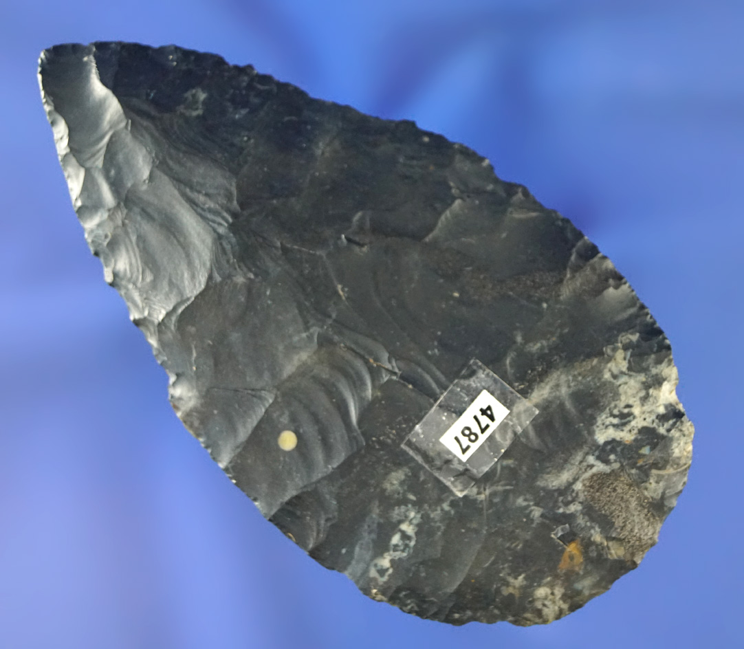 3 3/8" Adena Cache Blade made from attractive blue and black Coshocton Flint - Hardin Co.,  Ohio.
