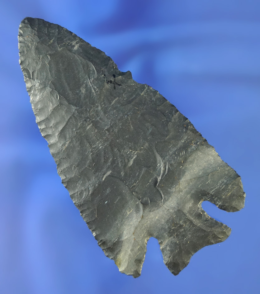 3 13/16" Multi-colored Coshocton Flint Archaic Diagonal Cornernotch found in Darke Co.,  Ohio.