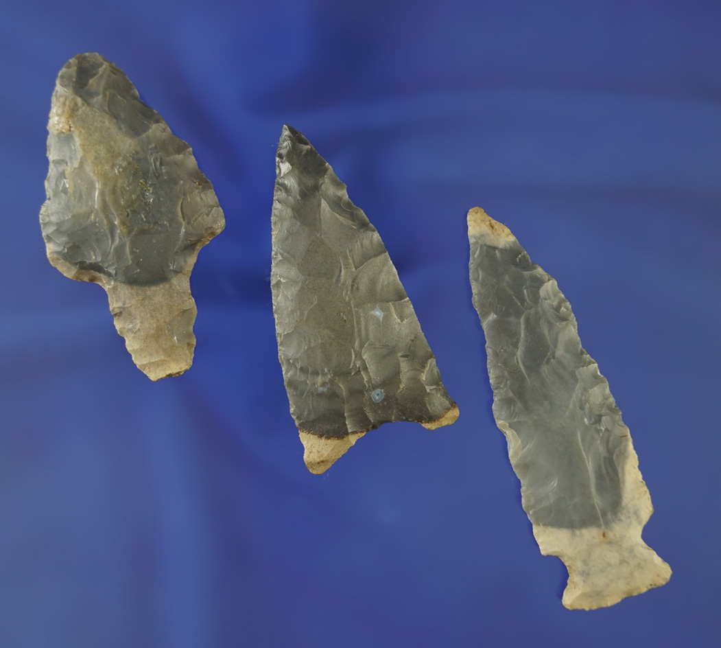 Three nice artifacts made from Bi-colored Hornstone found in Ohio and Indiana. Largest is 2 15/16"