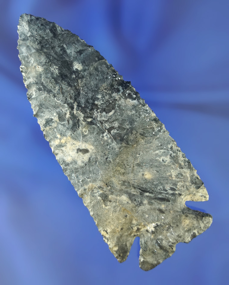 4 1/8" Coshocton Flint Notched Base Dovetail found in Licking Co., Ohio.  Davis and Bennett COA's.