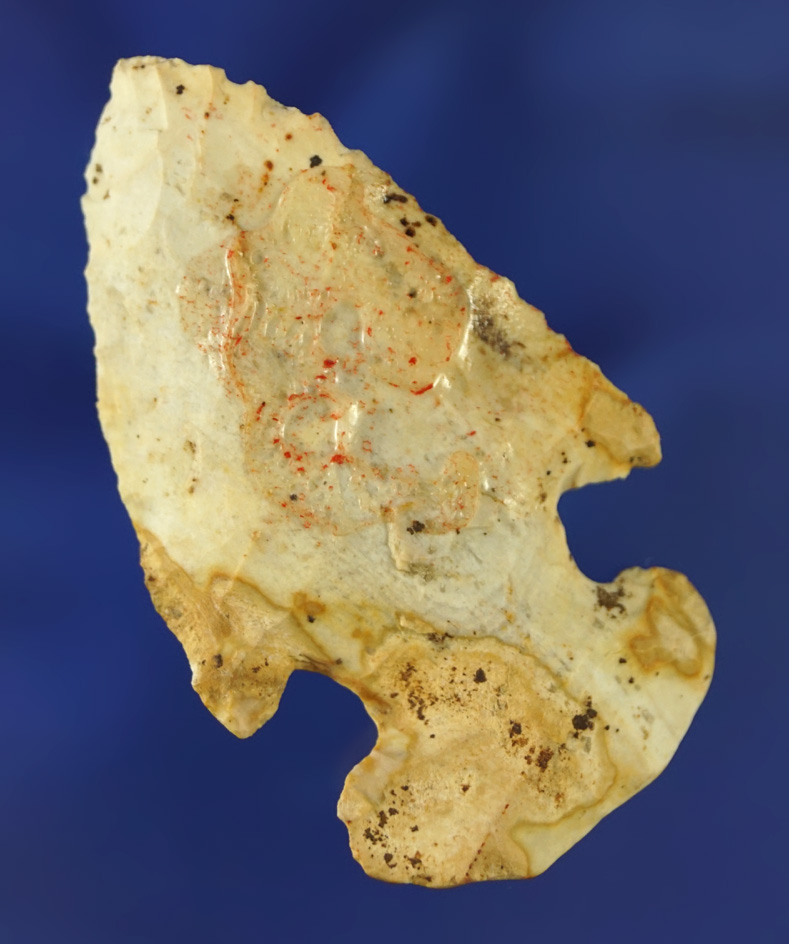 Heavy patina and mineral deposits on this 2 1/8" steeply Beveled Archaic Thebes found in Ohio.