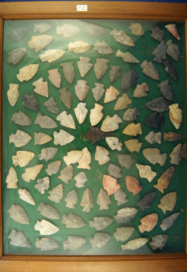 Large Frame group of 98 Assorted Ohio Arrowheads found in Jefferson Co., . Frame is 13 x 16".