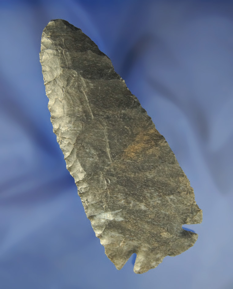 Large classic style 4 3/4" Coshocton Flint Notched Base Dovetail found in Coshocton Co.,  Ohio.
