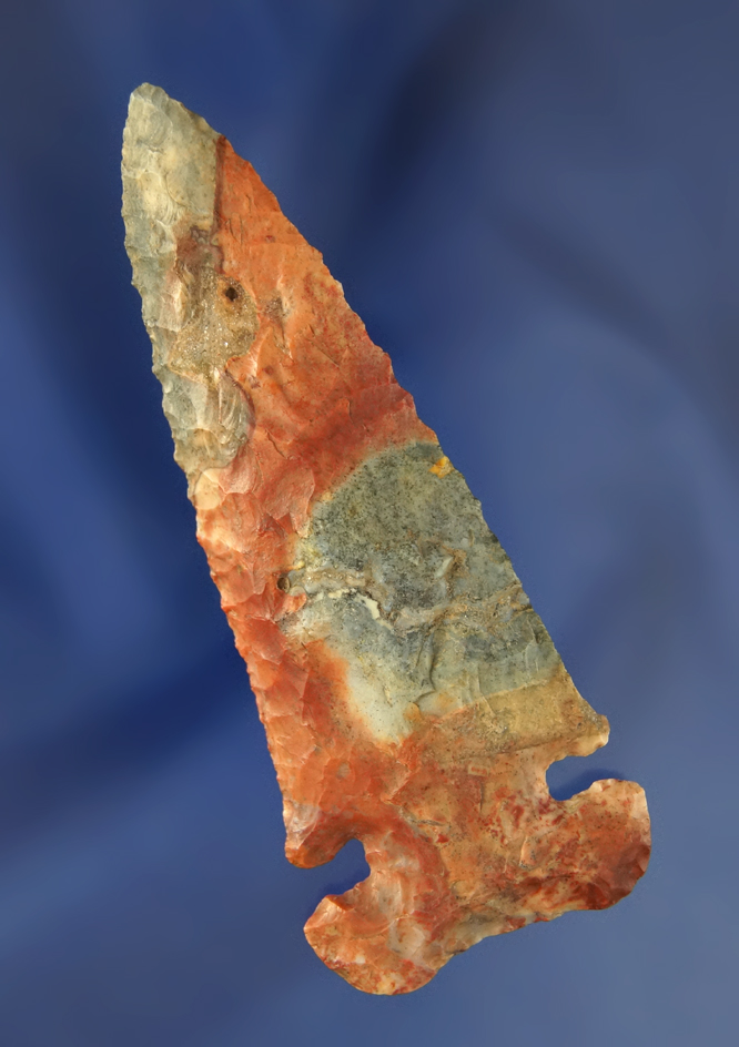 Extremely colorful 3 5/16" Flint Ridge Flint Archaic expanded E-Notch found in Stark Co.,  Ohio.