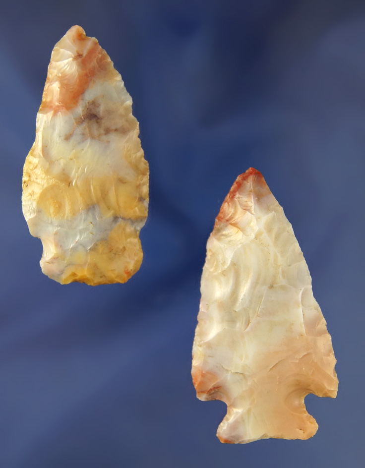 Pair of colorful Flint Ridge Flint Archaic Arrowheads found in Richland and Crawford Co.,  Ohio.