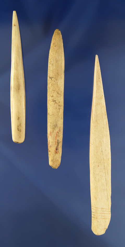 Set of three bone tools including a 3 3/4" bone flaking tool found in Hamilton Co.,  Ohio. Pictured