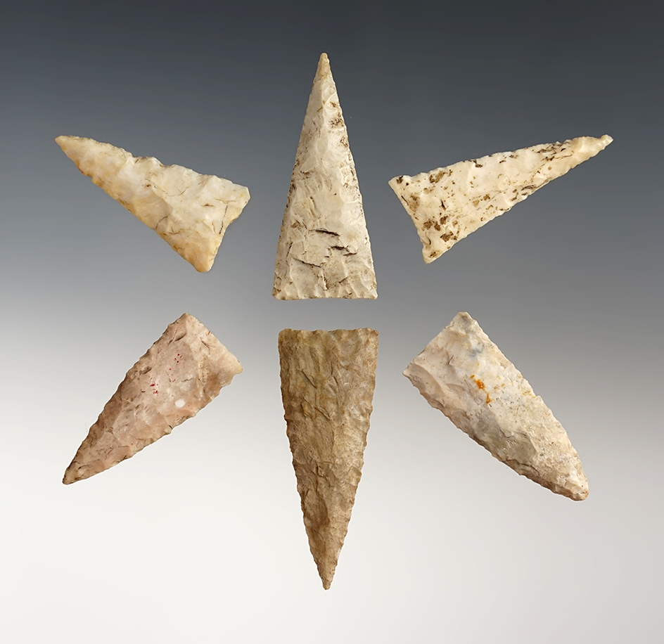 Set of 6 exceptional Triangle points found in the Midwestern U.S. The largest is 1 15/16".