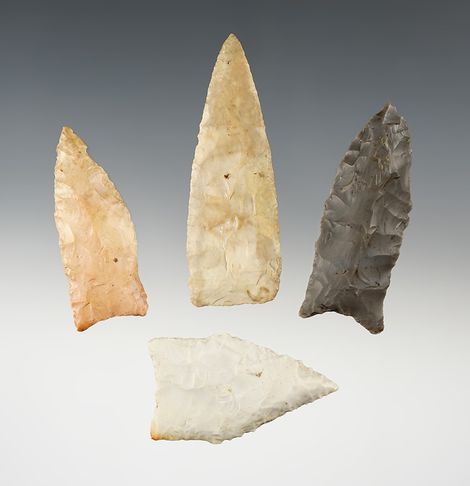 Set of 4 Midwest Paleo points. One has restoration on the very tip. The largest is 2 7/8".