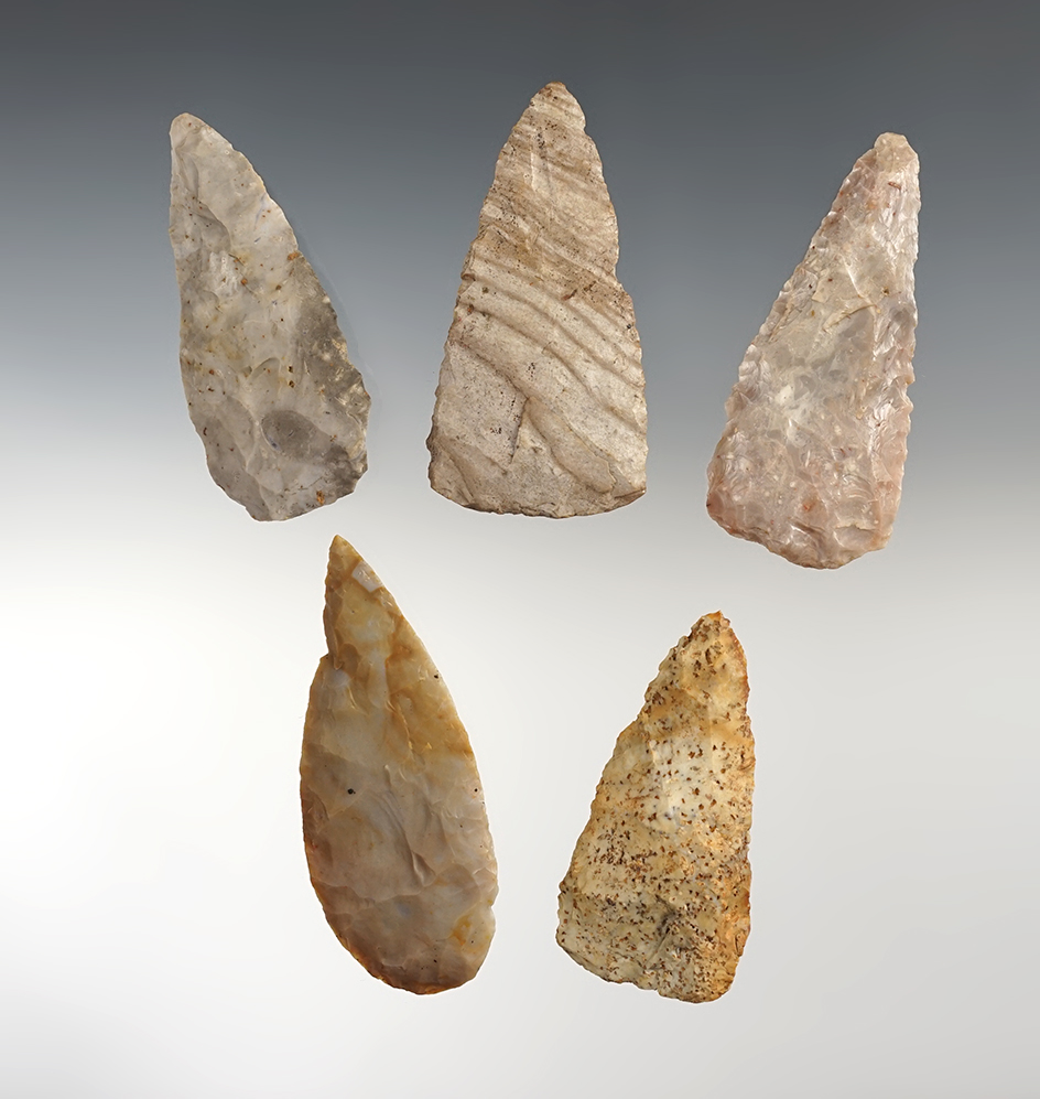 Set of 5 Flint Ridge Woodland Cache Blades found in Ohio. The largest is 3".