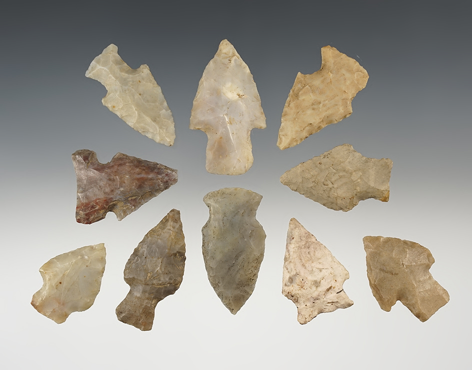 Set of 10 Flint Ridge points found in Stark Co., Ohio. The largest is 2".