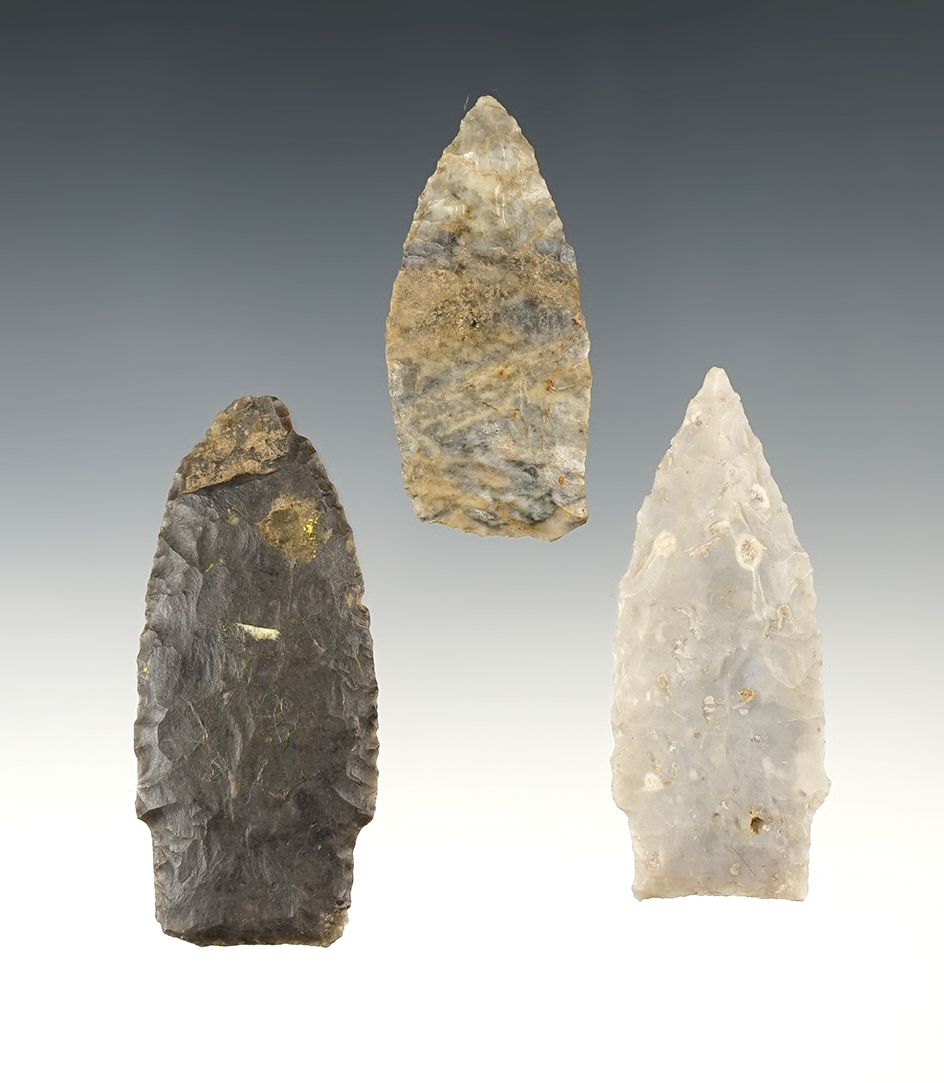 Set of 3 nice Paleo Stemmed Lanceolates. The largest is 2 9/16".