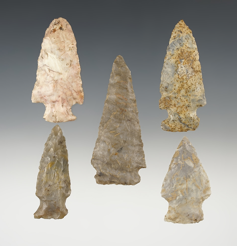 Set of 5 well made points found in Stark Co., Ohio. The largest is 2 3/4".
