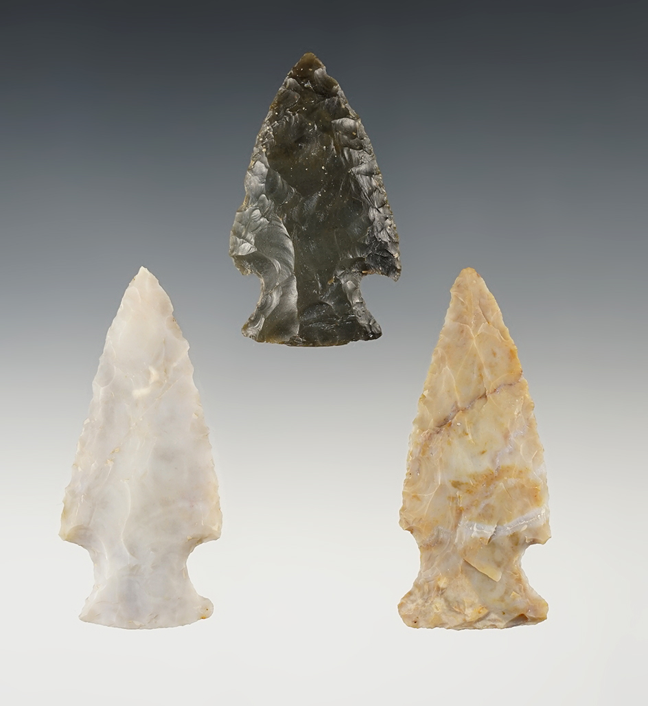 Set of 3 well made Ohio Hopewell points. The largest is 2 9/16".