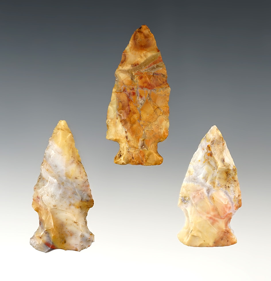 Set of 3 highly colorful Ohio Hopewell points. Flint Ridge Flint. The largest is 2".