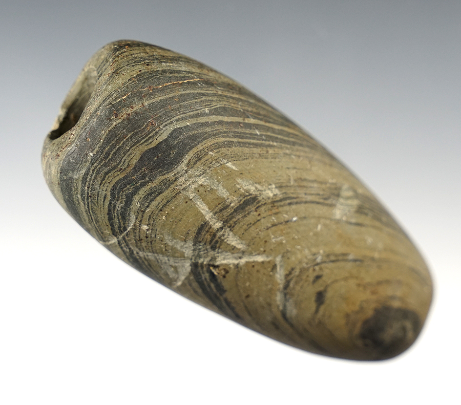 3 11/16" Fluted Tube Bannerstone found in Steuben Co., Indiana. Ex. Cameron Parks collection.