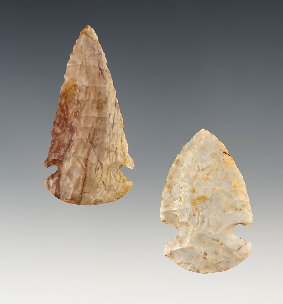 Pair of colorful miniature Ohio Dovetail points made from Flint Ridge Flint. Largest is 2 1/16".