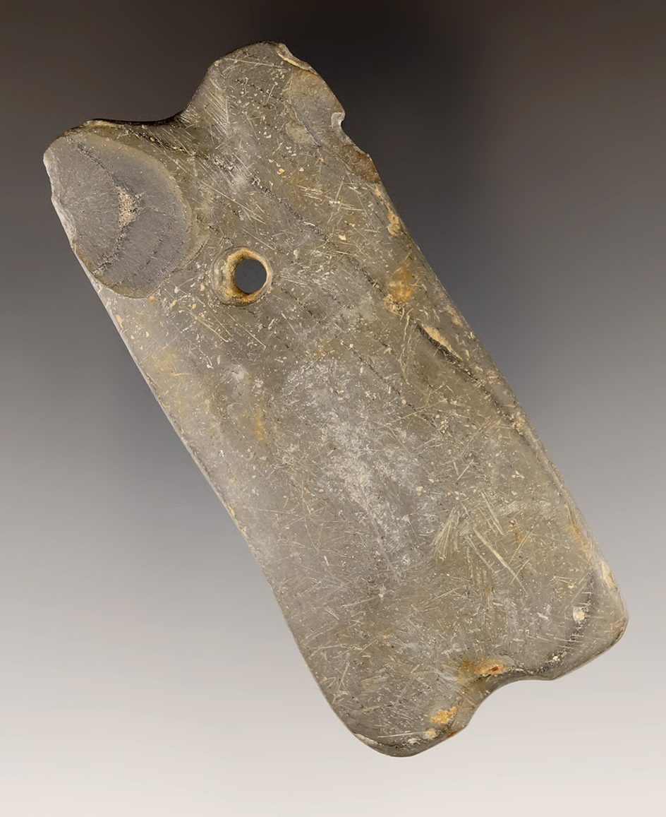 Rare 3 1/2" Slate Reel style Pendant found in Tuscarawas Co., Ohio. Ex. Lenhart Collection.
