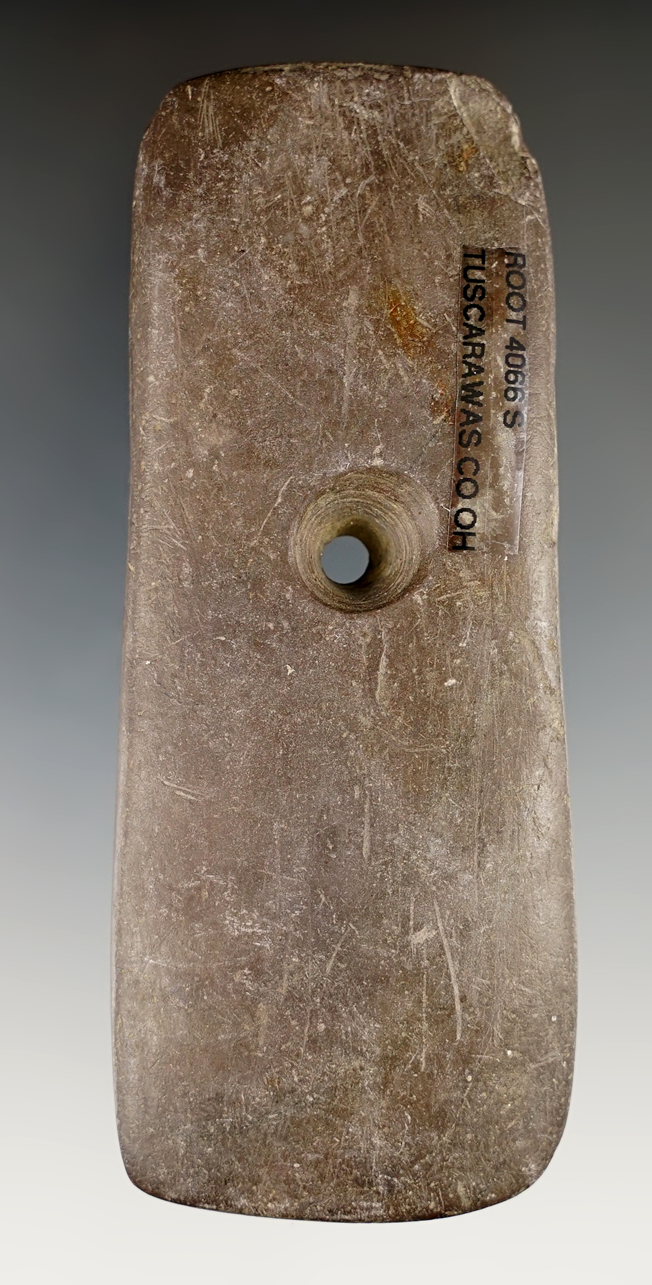 4 1/8" Trapezoidal Pendant found in Tuscarawas Co., Ohio made from red-brown slate.