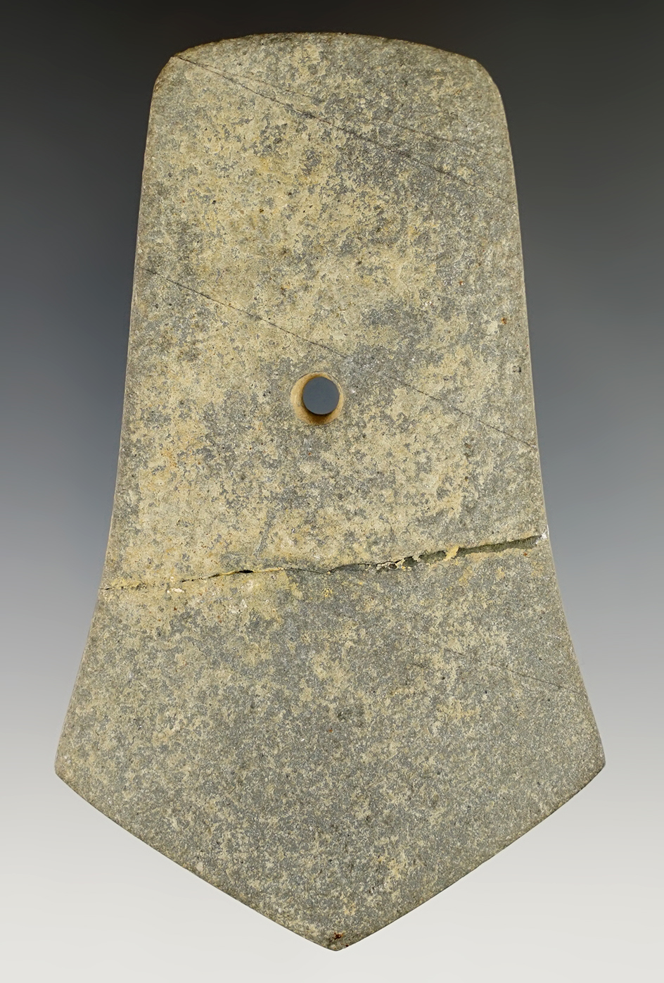 Thin and well made 4 5/16" Pentagonal Pendant found in Ross Co., Ohio. Broken and glued.