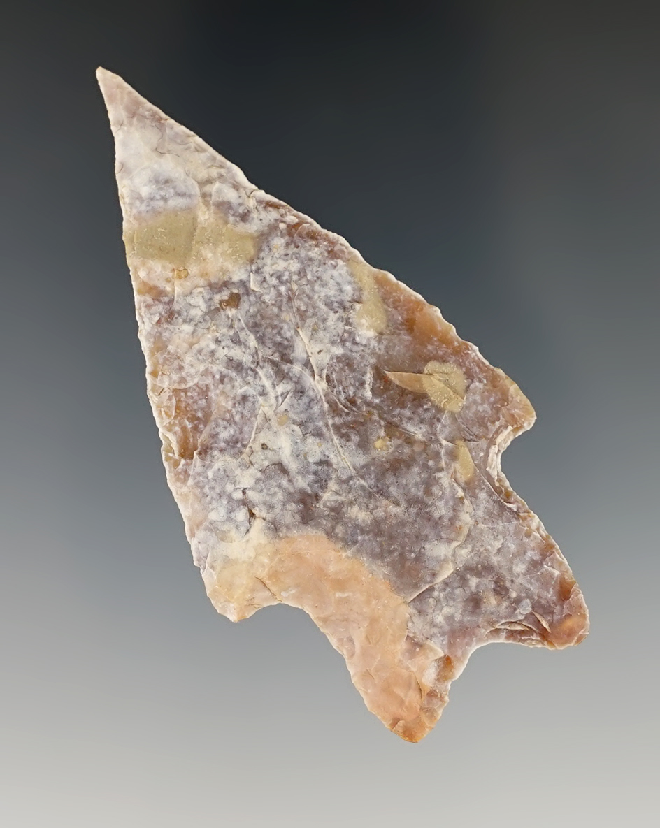 2 3/4" Pedernales made from tan flint with a white patina. Found in Comal Co., Texas.  COA.