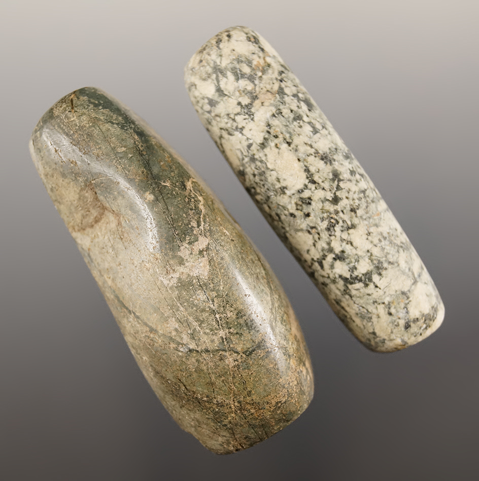 Pair of drilled Pre-Columbian Hardstone beads found in Mesoamerica. Largest is 2 1/4".