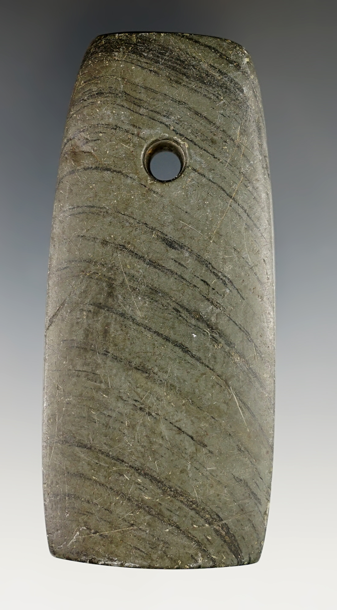 Nicely made 3 5/8" Trapezoidal Pendant found in Marion Co., Ohio. Bennett COA.