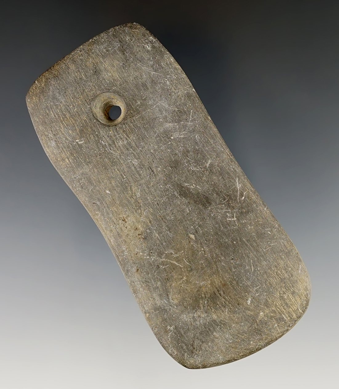 3 9/16" slate Pendant found on the Gobel farm in Ohio that is well patinated.