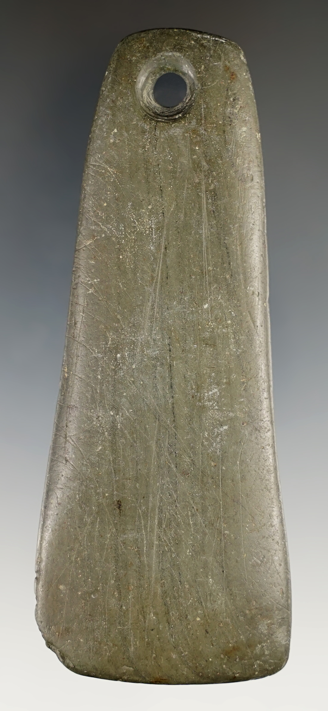 4 1/8" Bell Pendant found in Ohio and made from well patinated Banded Slate. Ex. Dean Richards.