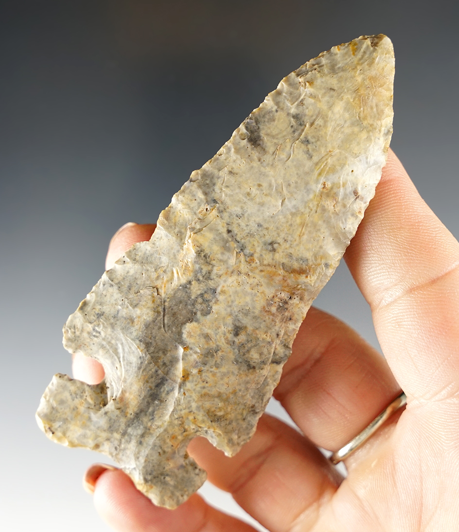 Well made 3 5/8" Archaic Thebes made from nice flint. Found in Richland Co., Ohio.