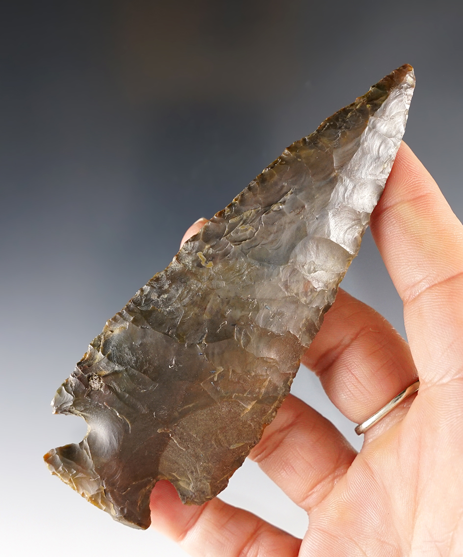 4 3/8" Archaic Cornernotch made of rare Pipe Creek Flint. Found in Northern Ohio.