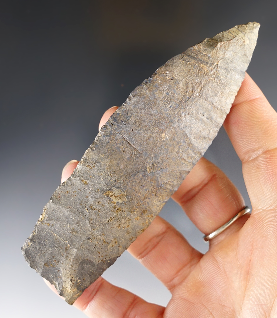 Fine 4 1/2" Paleo Lanceolate made from patinated Nellie Chert. Found in Coshocton Co., Ohio.