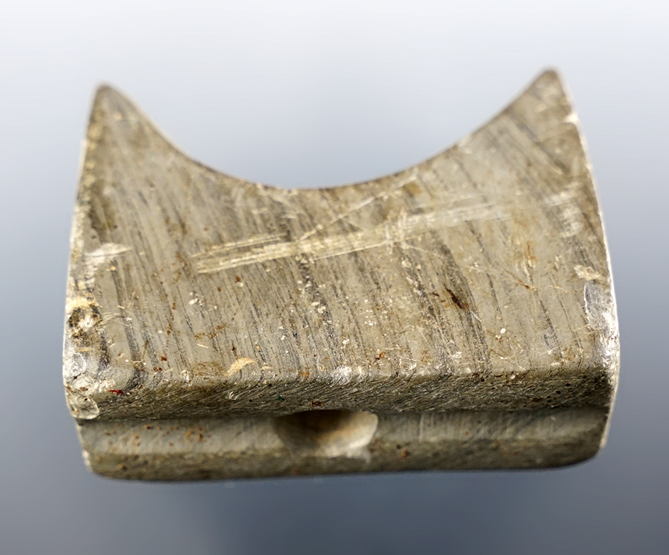 Very unique 2 1/4" x 1 3/4 tall Reel Bannerstone - broke and was restyled/redrilled. Indiana.