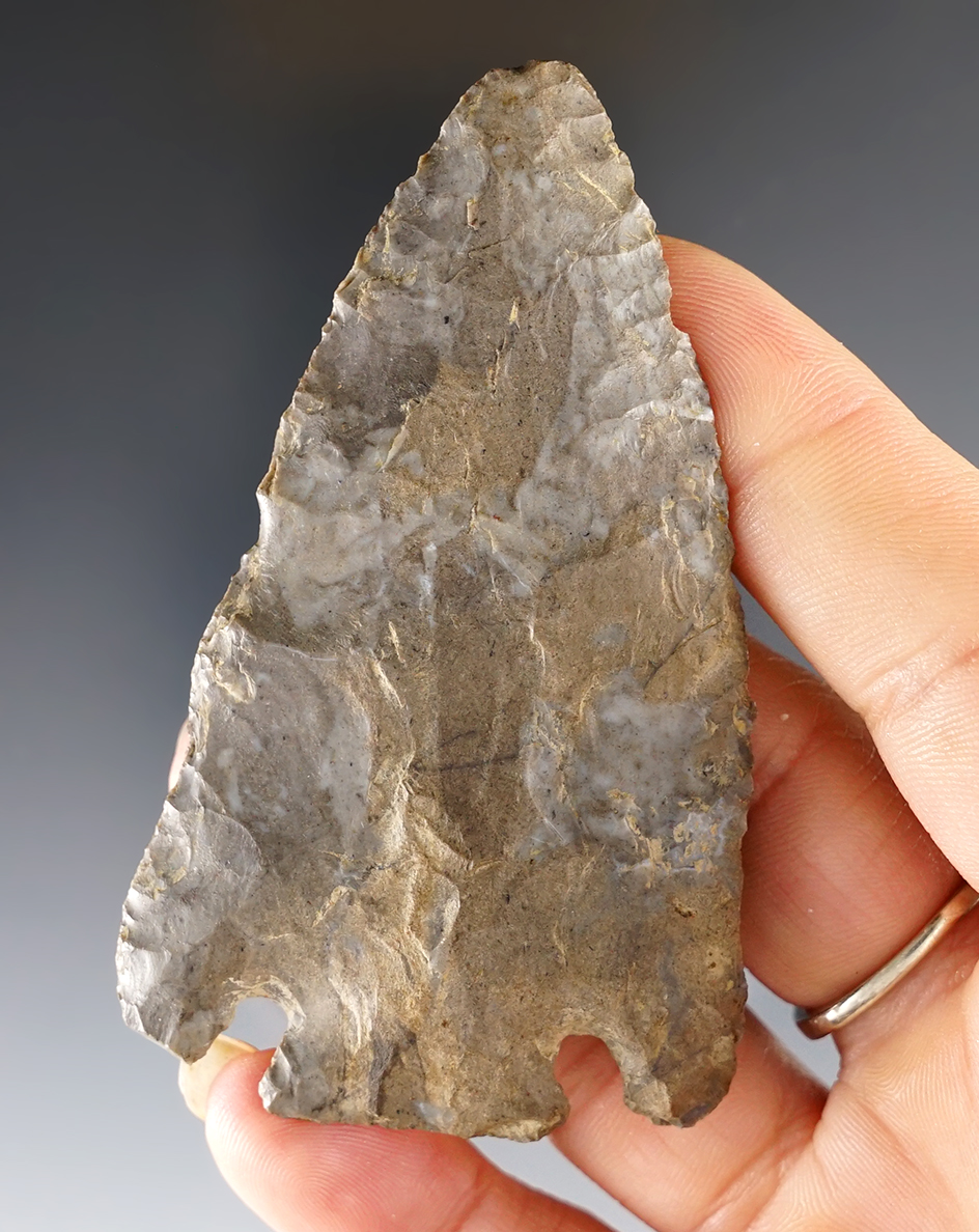 Nice 3 1/16" Basal Notch found in Rock Creek, Ashtabula Co., Ohio. Onondaga Chert.