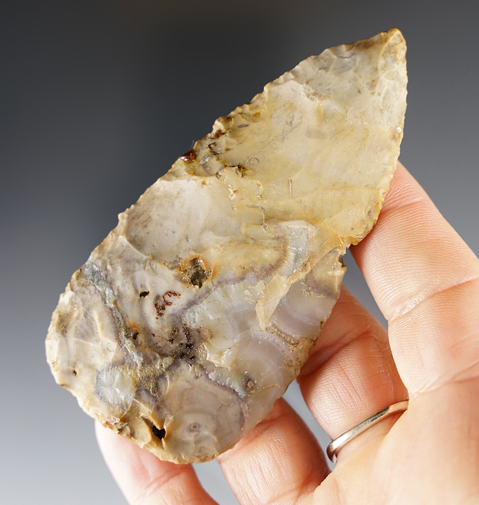 Colorful 3 1/4" Hopewell Blade made from Flint Ridge Flint. Found in Ohio. Ex. Barry George.