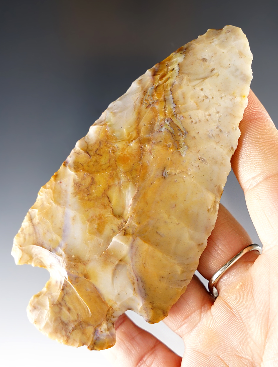 4 1/4" Hopewell made from colorful Flint Ridge Flint. Found in Champaign Co., Ohio.