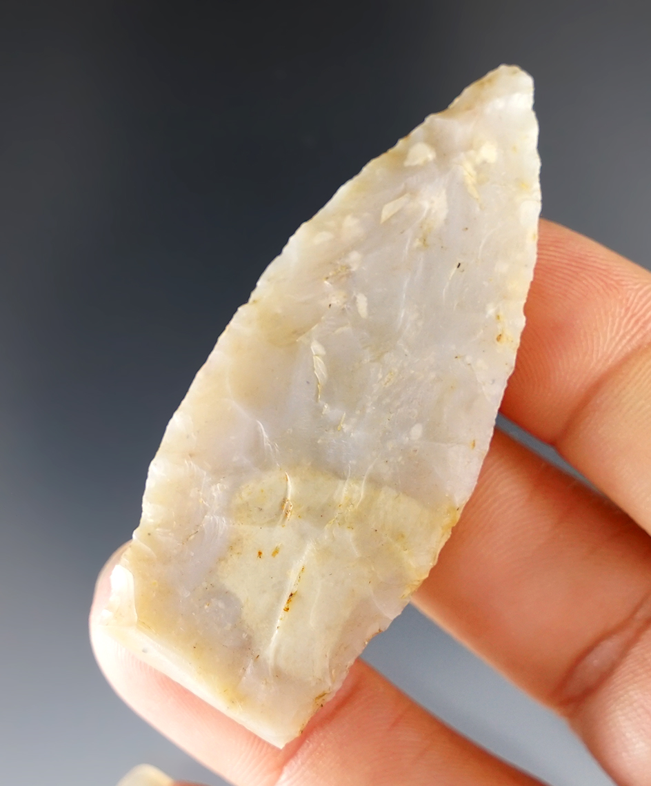 2 1/4" Ohio Stemmed Lanceolate made from high grade Chalcedony. Found by Bob Champion.