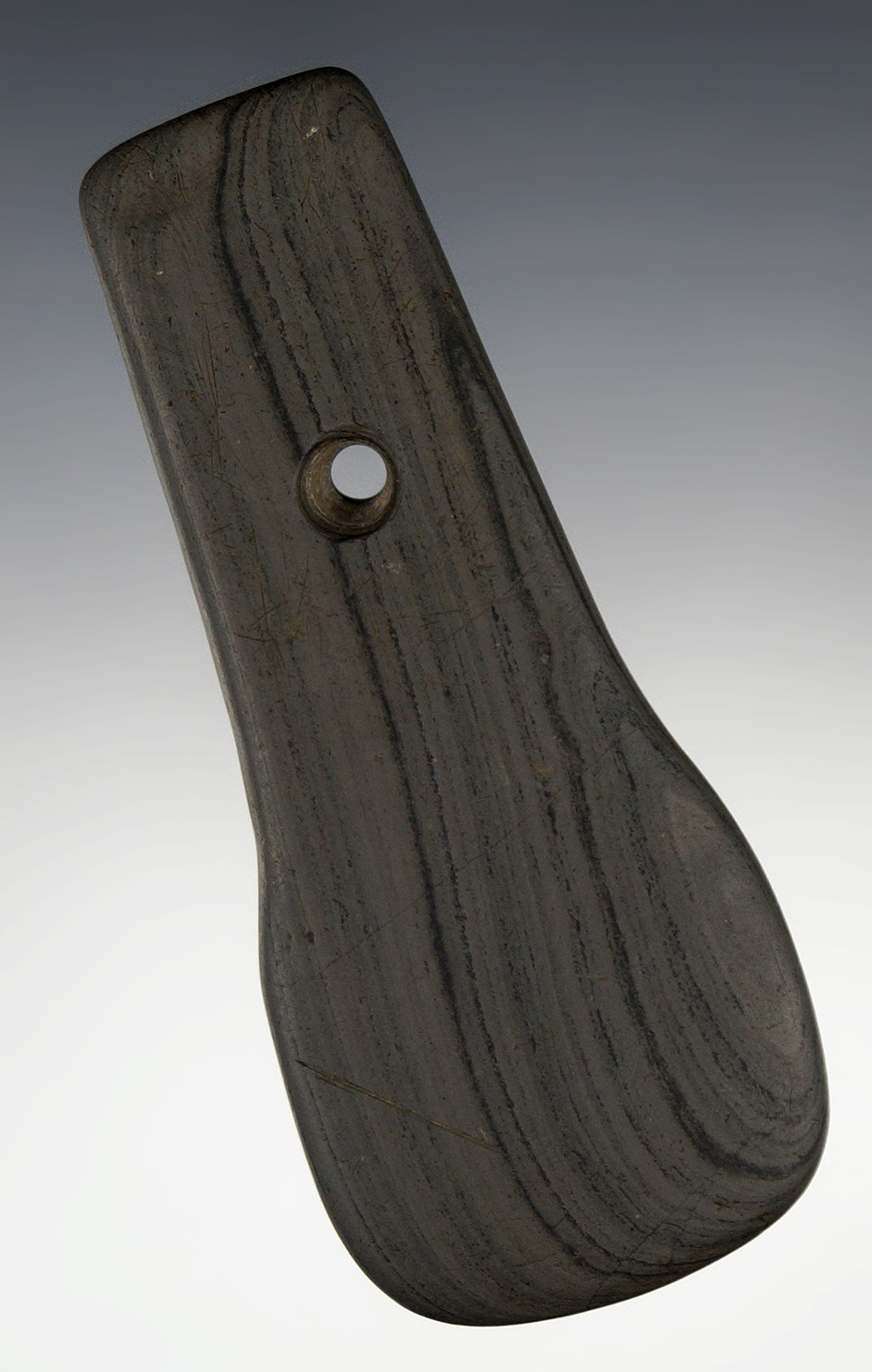 4 5/16" Shovel Pendant - Banded Slate - Ross Co., Ohio. Ex. David Root Collection, #1917s.
