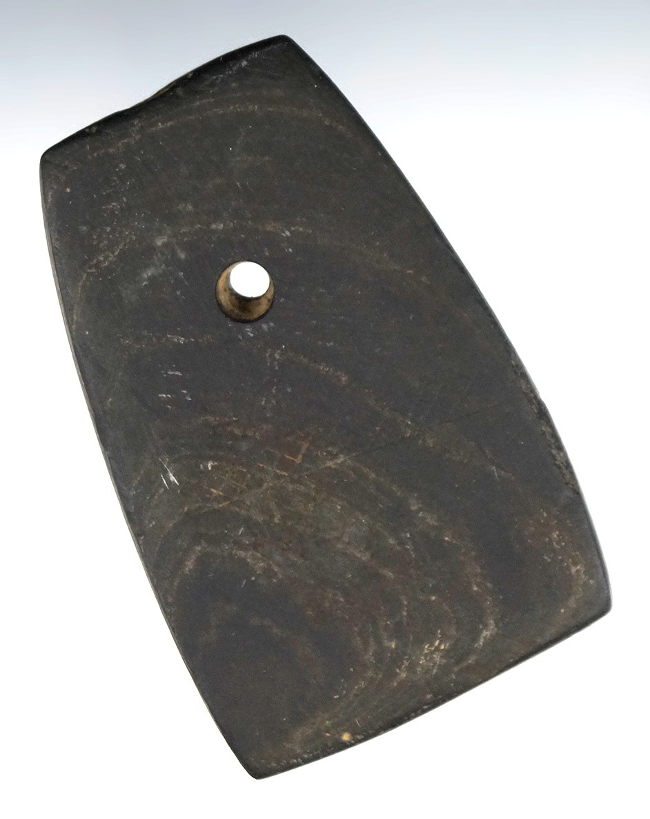 2 7/16" Banded Slate Trapezoidal Intrusive Mound Pendant. Pickaway Co., Ohio.
