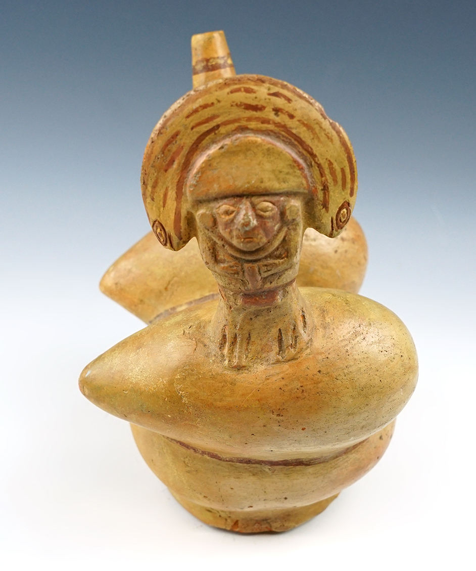 7 1/8" tall x 5" wide double fruit effigy Sican Culture Whistle Pot found in Peru.