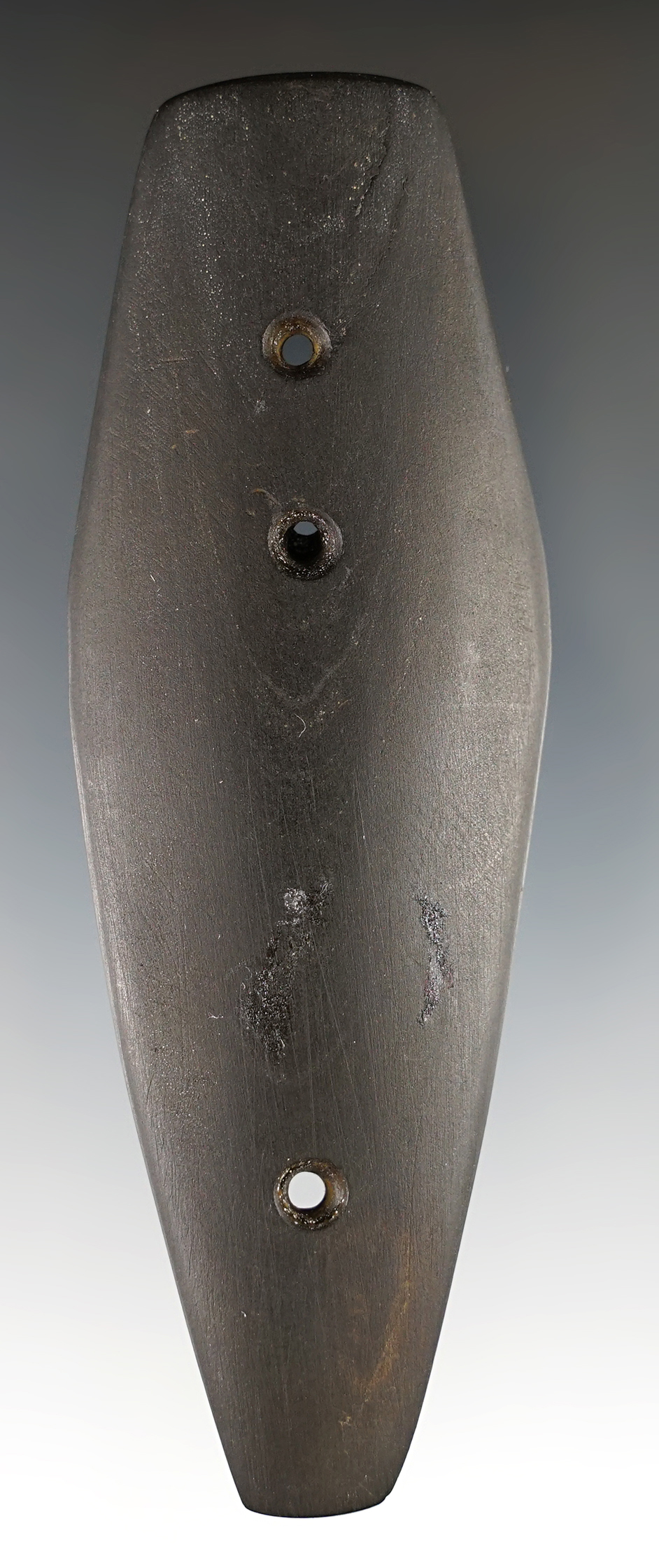 4 1/4" Sandal Sole style Gorget from Cannel Coal found in Ohio. Ex. Jim Pohlman, Jerry Wall.