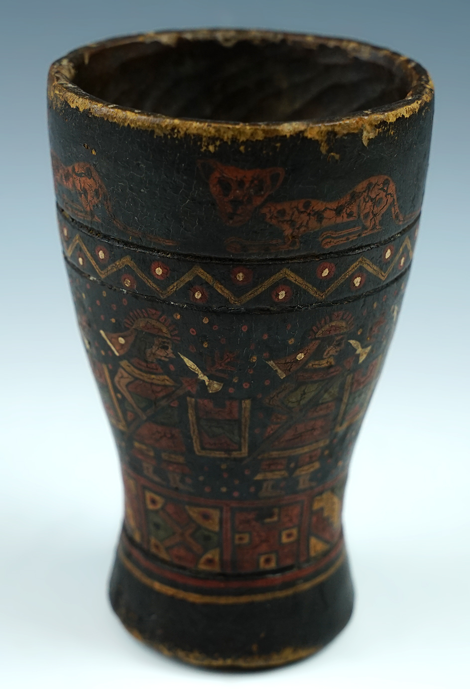 Very ornate 4 13/16" tall Inca hand carved wood Kero - excellent paint and art work - Peru.