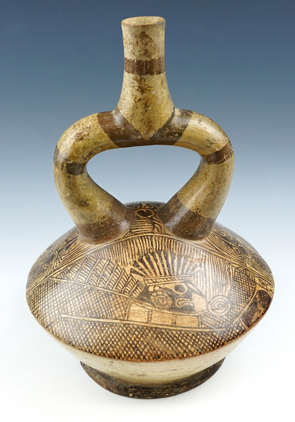 9 12" tall by 6 3/4" wide pre-Columbian Moche - pottery vessel with excellent artwork - Peru.