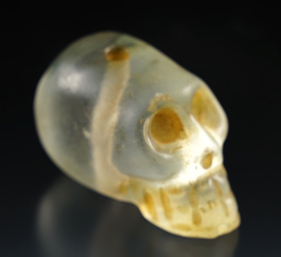 Rare! 2 1/4" hand carved and drilled Pre-Columbian skull effigy, crystal/agate - Mesoamerica.