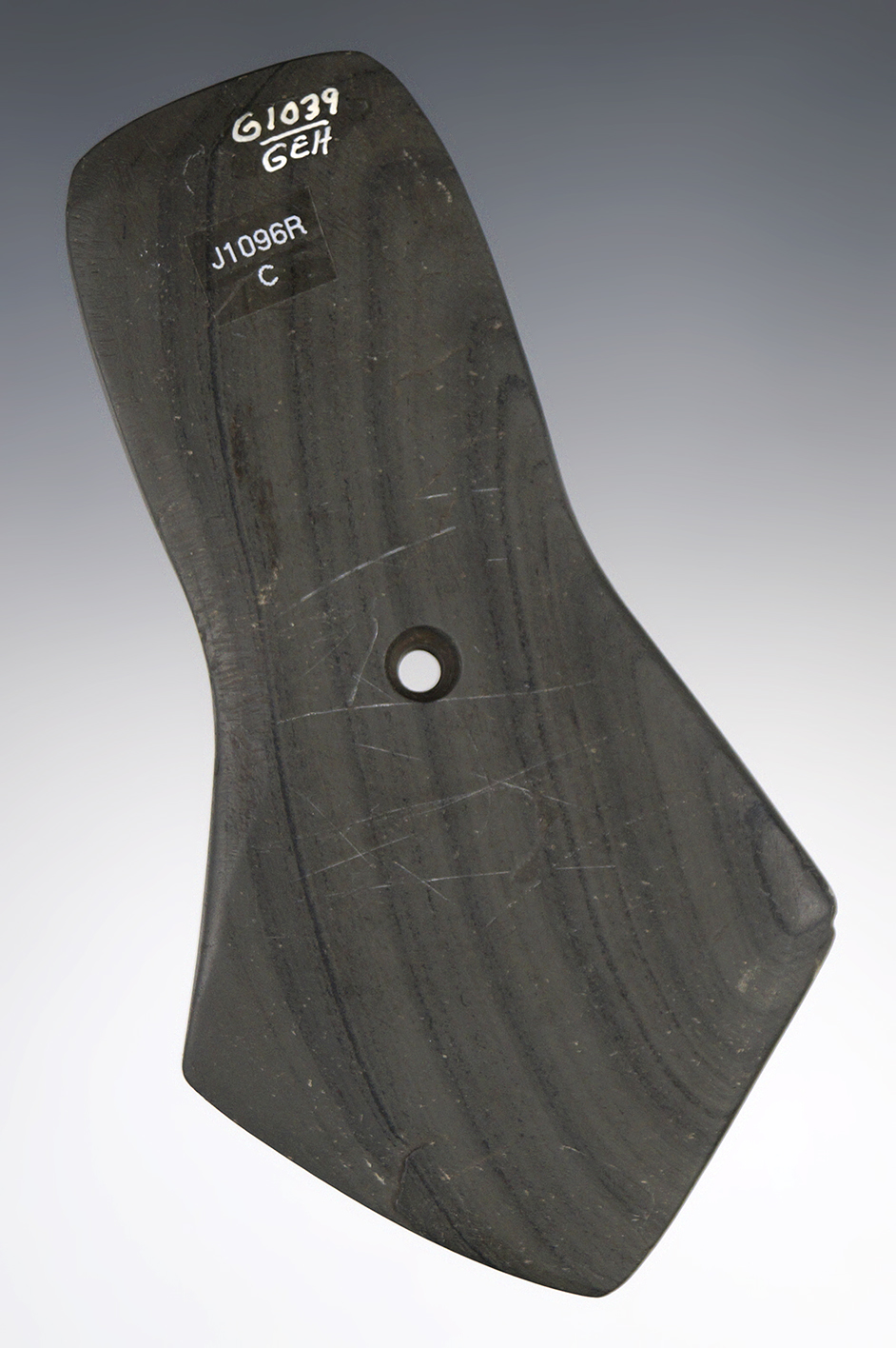 4 5/8"  Hopewell Pentagonal Pendant - Lorain Co., Ohio - Banded Glacial Slate. Ex. Heckman.