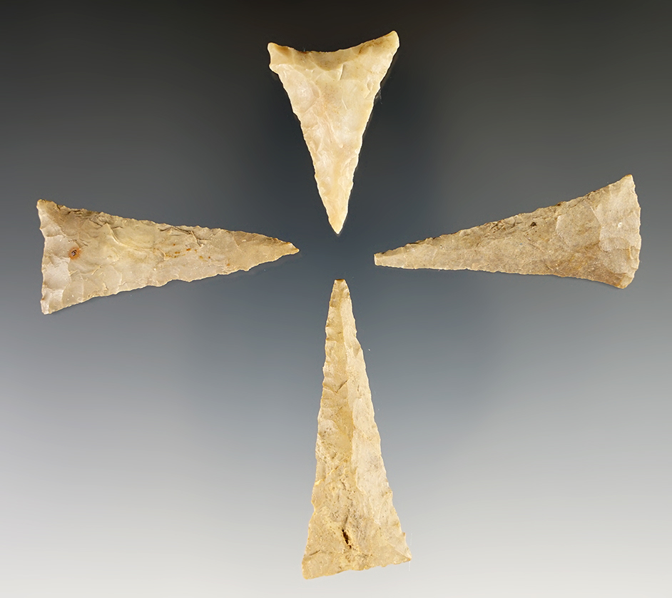 4  Ft. Ancient and Madison Triangle Points - Bourbon Co., Kentucky. One is Carter Cave Flint.